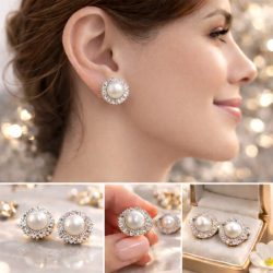   Обеци с голяма перла на клипс и кристали