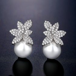   Официални обеци с перла и цвете с кристали