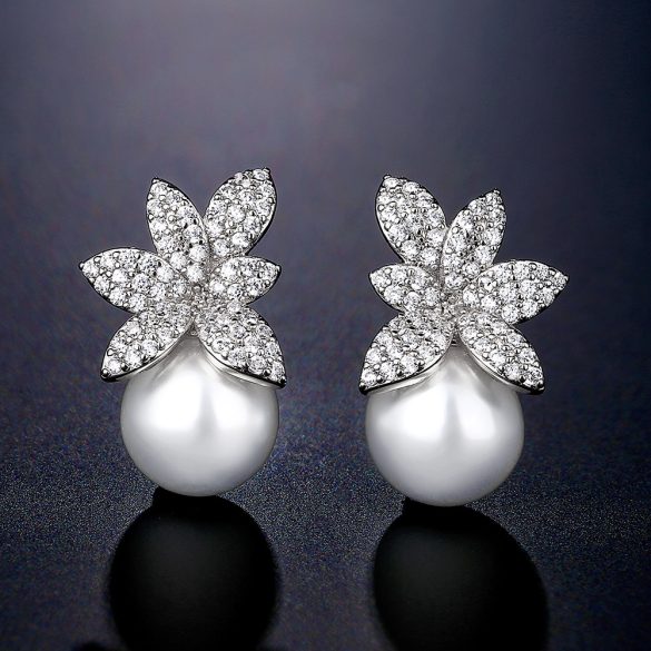 Официални обеци с перла и цвете с кристали