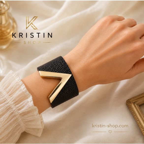 Широка дамска гривна от еко кожа със златен V | Черна гривна | Kristin Shop