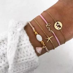   Гривни нежен комплект розови и златисти четири модела